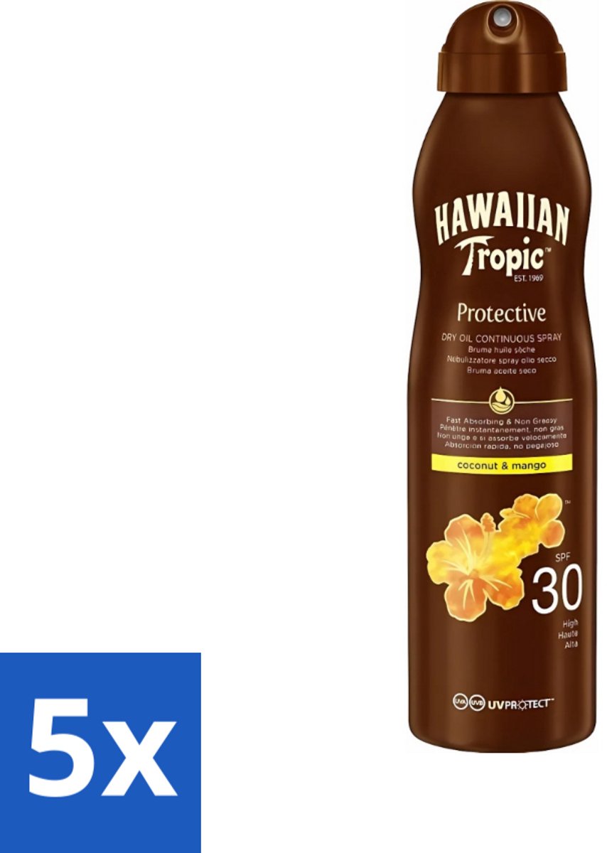Hawaiian Tropic - Zonnebrand - Island Glow Dry Oil Continuous Spray SPF 30 - Hydraterend & Beschermend - 177 ml - Bulkverpakking - 5 stuks
