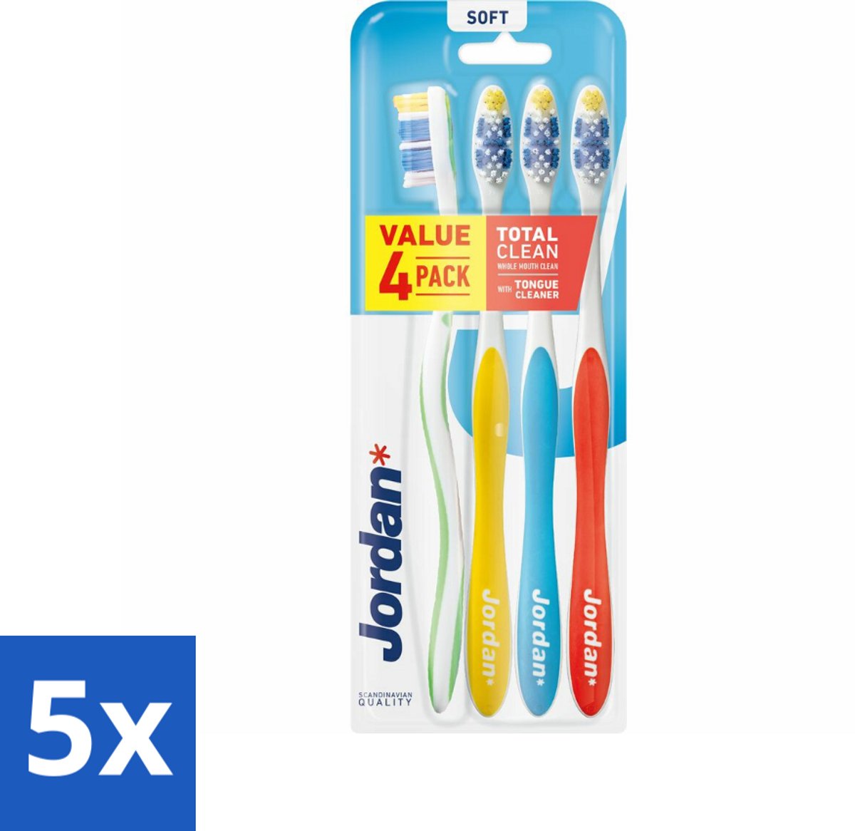 5 x Jordan Tandenborstel Total Clean Soft 4-pack 4 stuks per verpakking - Tandenborstel - Mondverzorging - Tandenborstel Set - Tandplak Verwijderen - Tandvlees Verzorgen