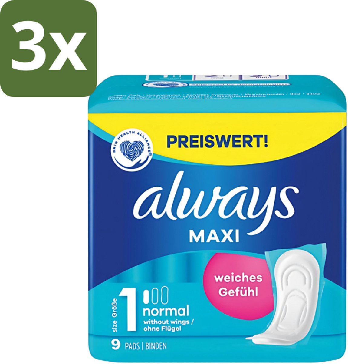 3 x Always Maxi - Maandverband - Maat 1 - Normal - 9 Pads - Maandverband - Menstruatie - Absorptie - Comfort - Hygiëne