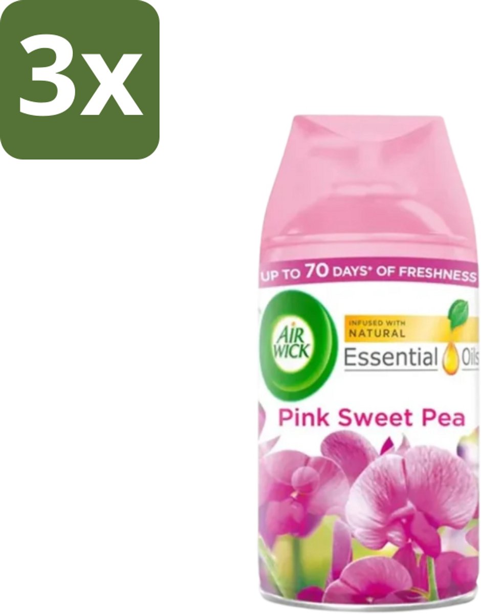 3 x Air Wick - Luchtverfrisser Navulling - Essentiële Oliën - Pink Sweet Pea - Automatische Spray - 250 ml - Luchtverfrisser - Navulling - Essentiële Oliën - Geur - Pink Sweet Pea