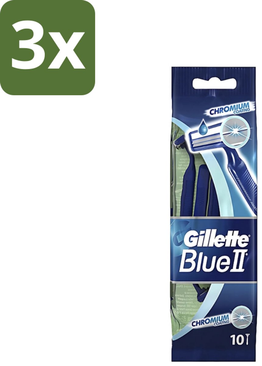 3 x Gillette - Blue 2 - Wegwerpscheermesjes - Chromium Coating - 10 Scheermesjes - Scheermesjes - Wegwerpscheermesjes - Gillette - Gromium Coating - Comfortabele Scheerbeurt