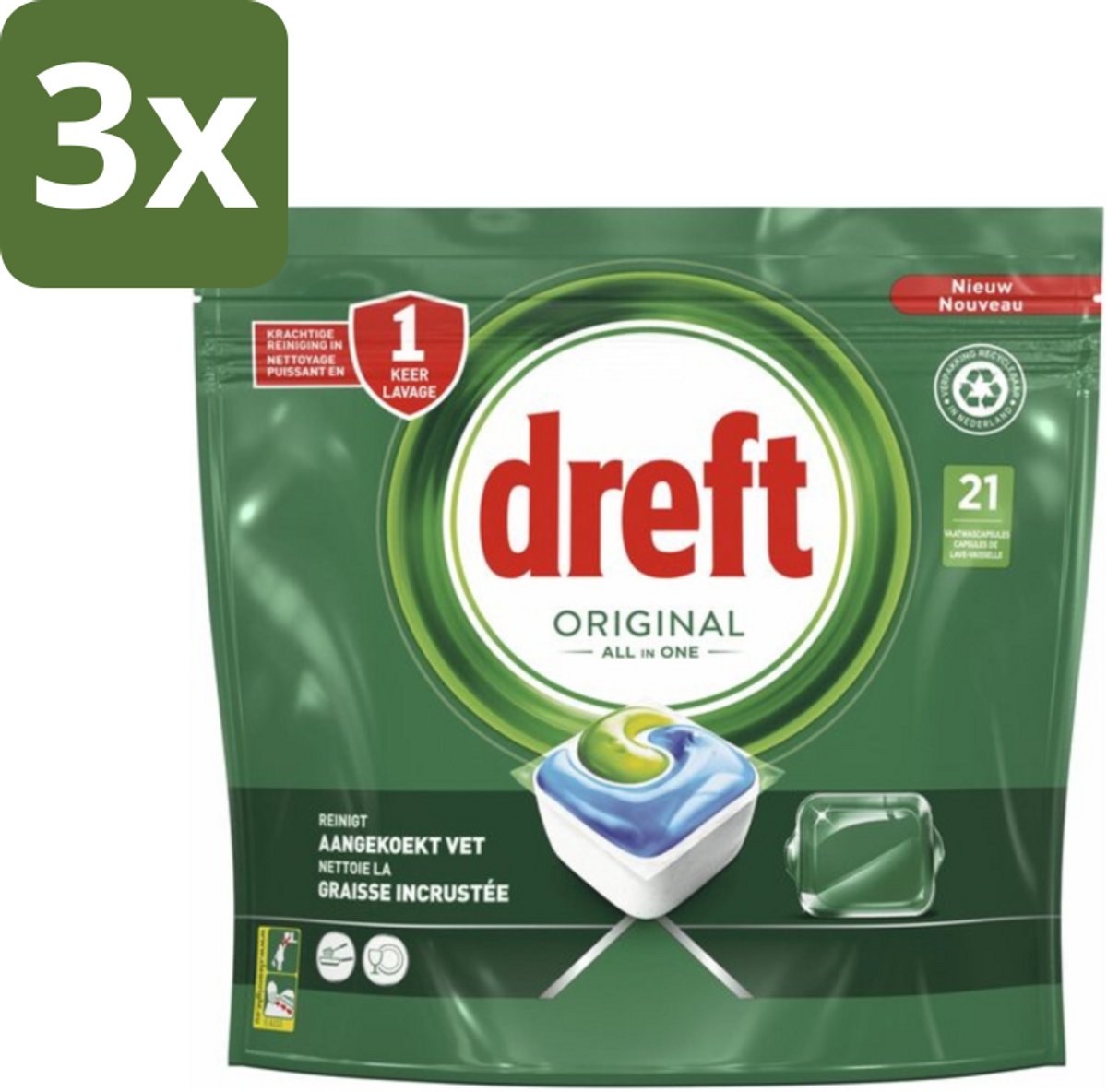 3 x Dreft - Original All In One - Vaatwascapsules - Tegen Aangekoekt Vet - 21 Capsules - Vaatwasser - Vaatwascapsules - Reiniging - Vetoplossing - Aangekoekt Vet