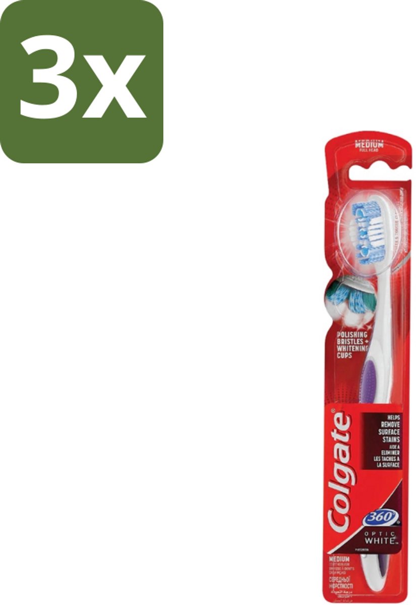 3 x Colgate - Tandenborstel - 360 Optic White Medium- Wit - 1 Tandenborstel - Tandenborstel - Tanden Reinigen - Mondverzorging - Wittere Tanden - 360° Reiniging