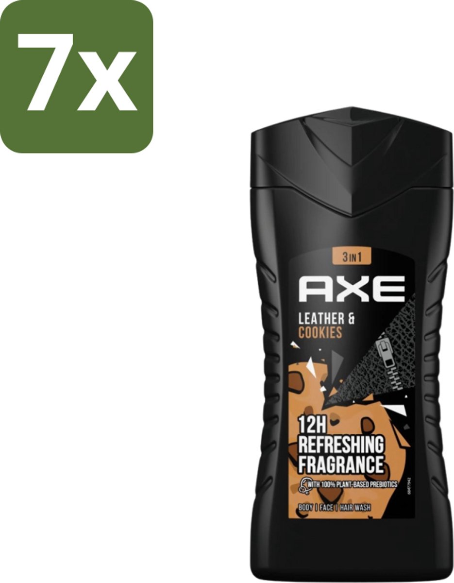 7 x Axe - 3-in-1 Douchegel - Leather & Cookies - 100% Plantaardig - 250 ml - 3-in-1 Douchegel - Douchegel Voor Lichaam - Douchegel Voor Gezicht - Douchegel Voor Haar - Geur Leer En Koekjes