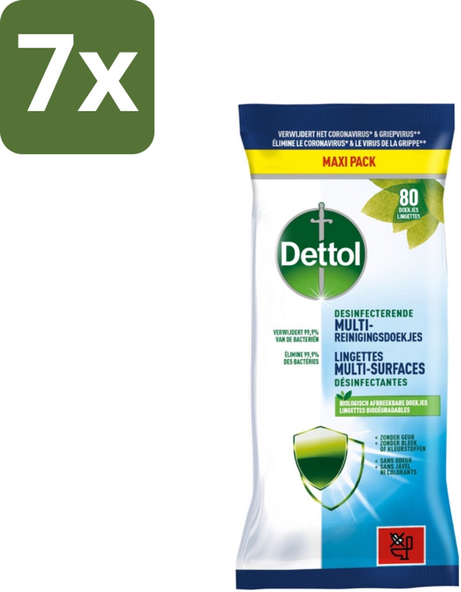 7 x Dettol - Multi-Reinigingsdoekjes - Desinfecterend - Zonder Bleek & Geurstoffen - Biologisch Afbreekbaar - 80 Doekjes - Reinigingsdoekjes - Keukenvet Verwijderen - Hygiëne - Vuil Verwijderen - Desinfecterend