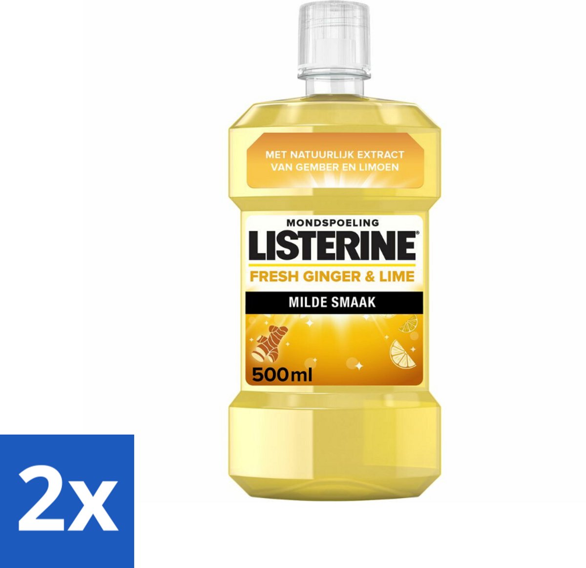 2 x Listerine - Mondwater - Fresh Ginger & Lime - 500 ml - Mondspoeling - Gember En Limoen - Tandplak - Bacteriën - Fluoride