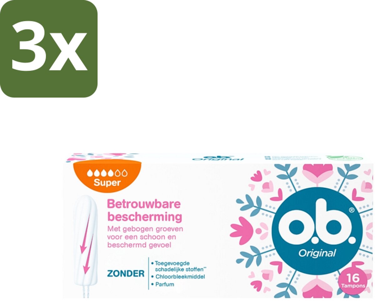 3 x o.b. Tampons - Original Super - Gebogen Groeven - Voor Betrouwbare Bescherming - 16 Tampons - Tampons - Menstruatiebescherming - Gebogen Groeven - StayDry - Plantaardige Kern