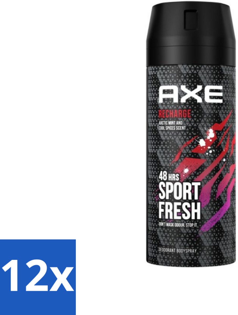 12 x Axe - Deodorant Bodyspray - 48hrs Sport Fresh - Recharge - Arctic Mint & Cool Spices - 150 ml - Axe Deodorant - Axe Bodyspray - Axe Sport Fresh - Axe Ice Chill - Deodorant Sport