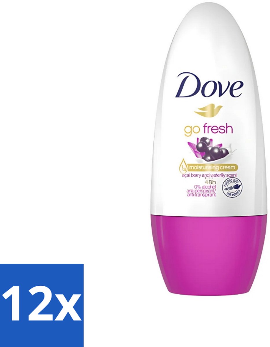 12 x Dove - Deodorant - Roller Go Fresh Acai Berry & Waterlily - Frisse geur - 50 ml - Açaí Berry & Waterlily - Frisheid - Anti-transpirant - Roll-on Deodorant - Okselhuid Verzorging