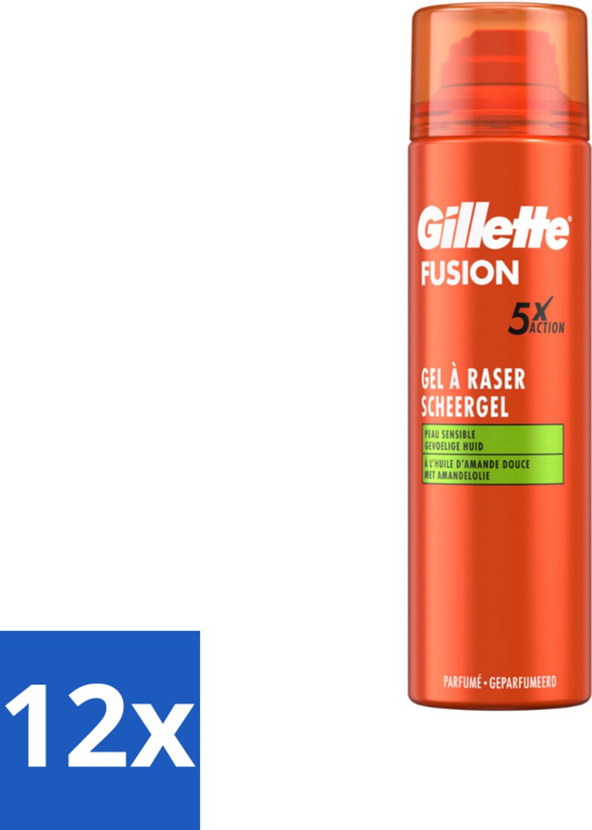 12 x Gillette Scheergel Fusion 5 Sensitive 200 ml - Scheergel - Gevoelige Huid - Amandelolie - Scheren - Scherpen