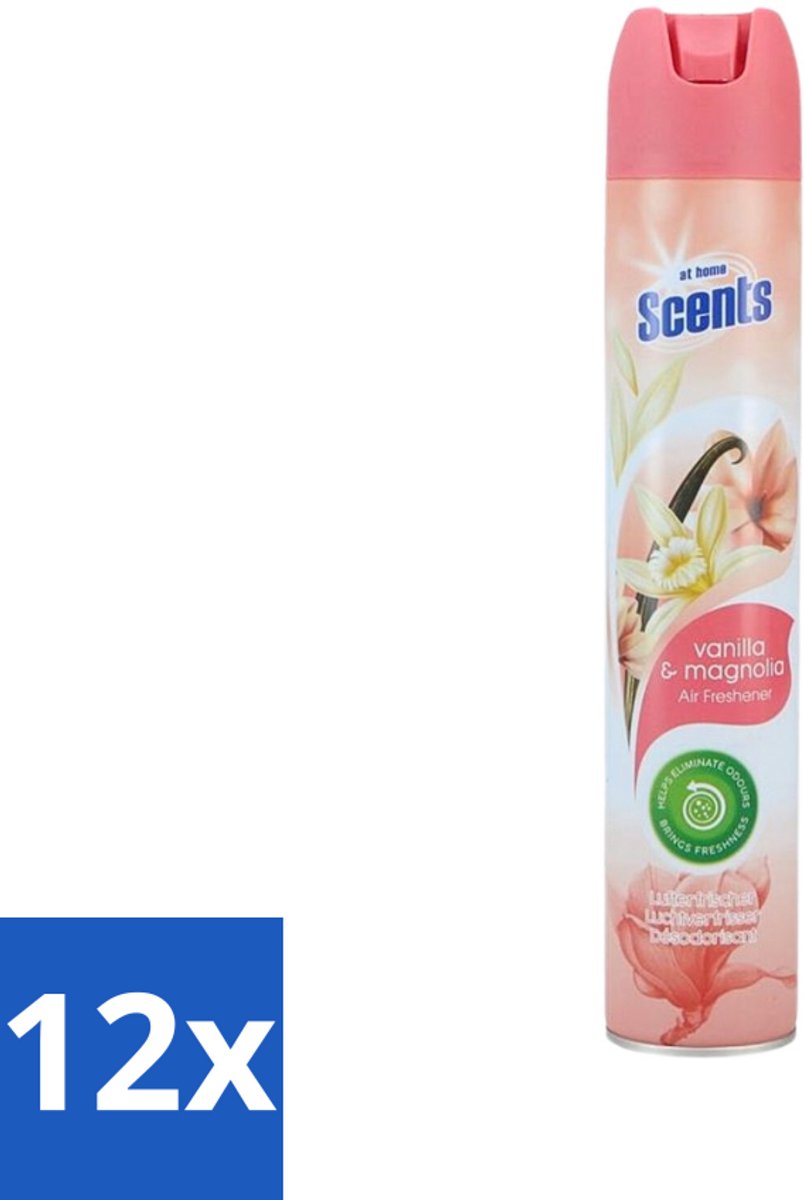 12 x At Home - Scents - Luchtverfrisser - Vanilla & Magnolia - Verwijdert Vieze Geurtjes - 400 ml - Luchtverfrisser - Geur Neutraliseren - Geurtjes Verwijderen - Geur Verspreiding - Vanille En Magnolia