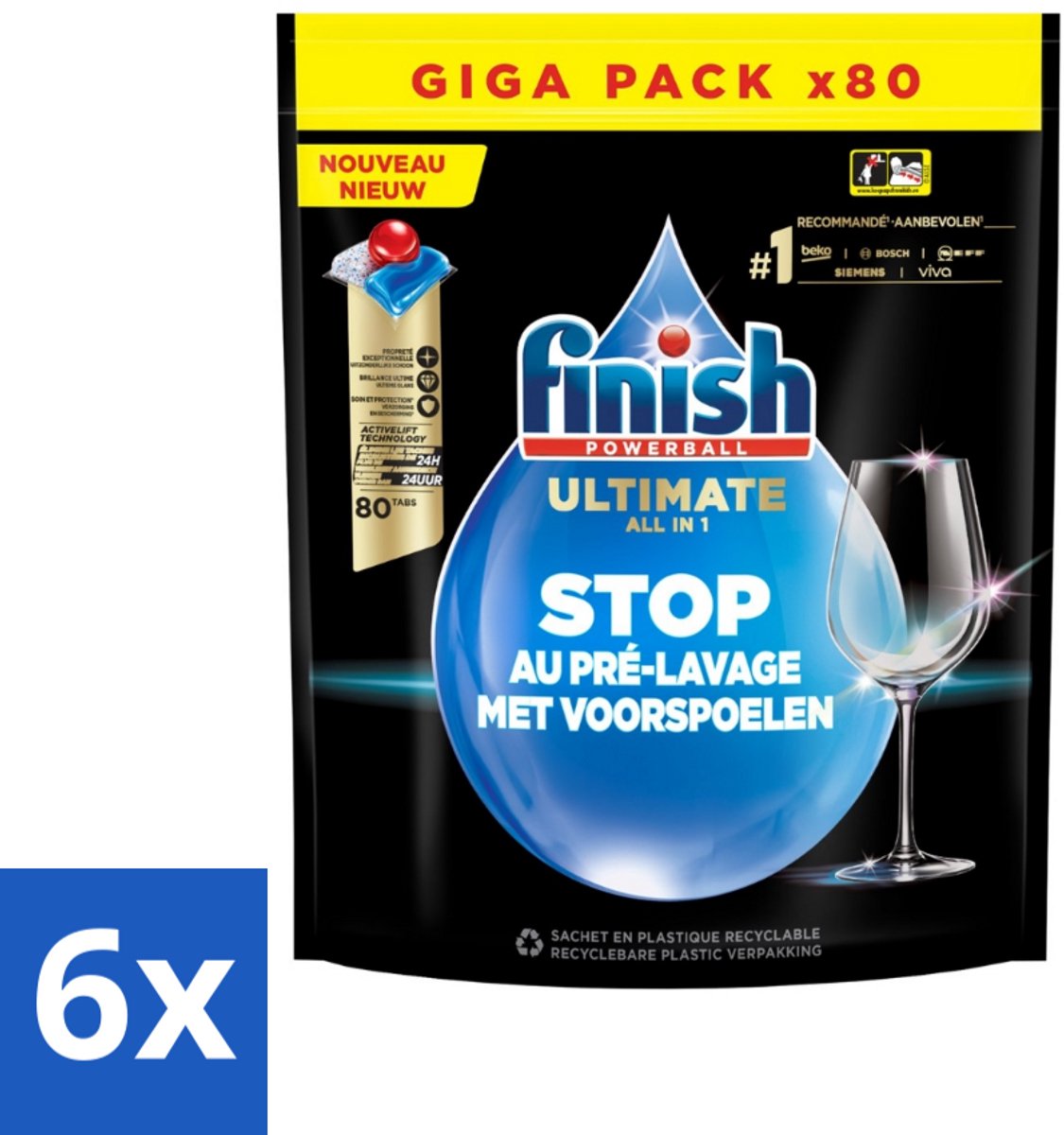 6 x Finish - Powerball - Vaatwasmiddel - Ultieme Alles In 1 - Glansspoelmiddel - 80 Wasbeurten - Vaatwasmiddel - Vaatwasmiddel Capsula - Reiniging Vaatwas - Glans Borden - ACTIVLIFT™ Technologie