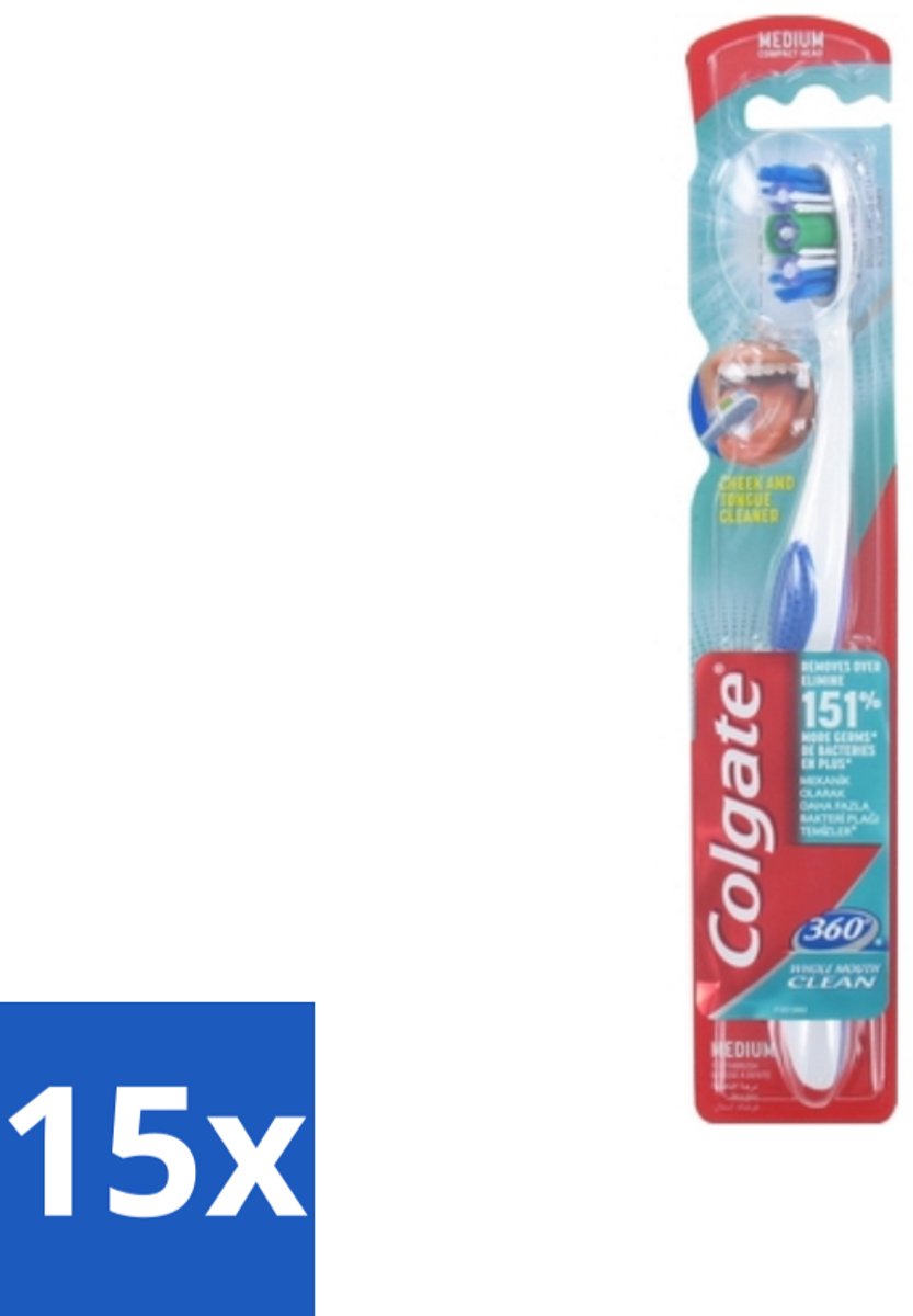 Colgate - Tandenborstel - 360 Whole Mouth Clean Medium - Wit/Blauw - 1 Tandenborstel - Bulkverpakking - 15 stuks