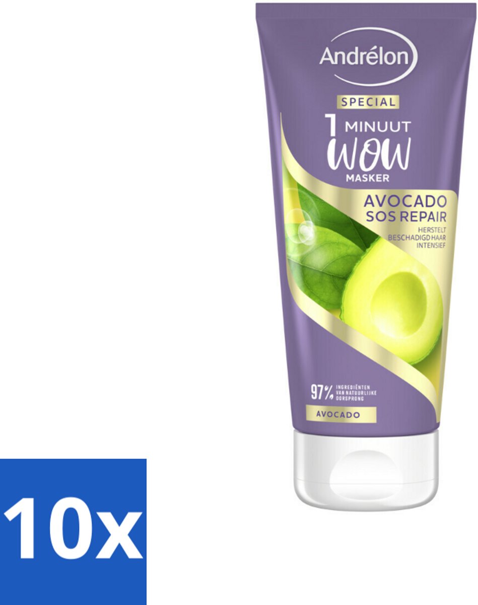 10 x Andrélon 1 Minuut Wow Masker Avocado SOS Repair 180 ml - 1 Minuut Herstel - Beschadigd Haar Herstel - Avocado Masker - Haarmasker - Haar Herstel