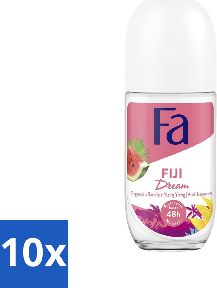 10 x Fa - Deodorant Roller - Fiji Dream - Watermeloen & Ylang Ylang - 48 uur Bescherming - 50 ml - Deodorant Roll-on - 48 Uur Bescherming - Watermeloen Geur - Ylang Ylang Geur - Huidvriendelijk