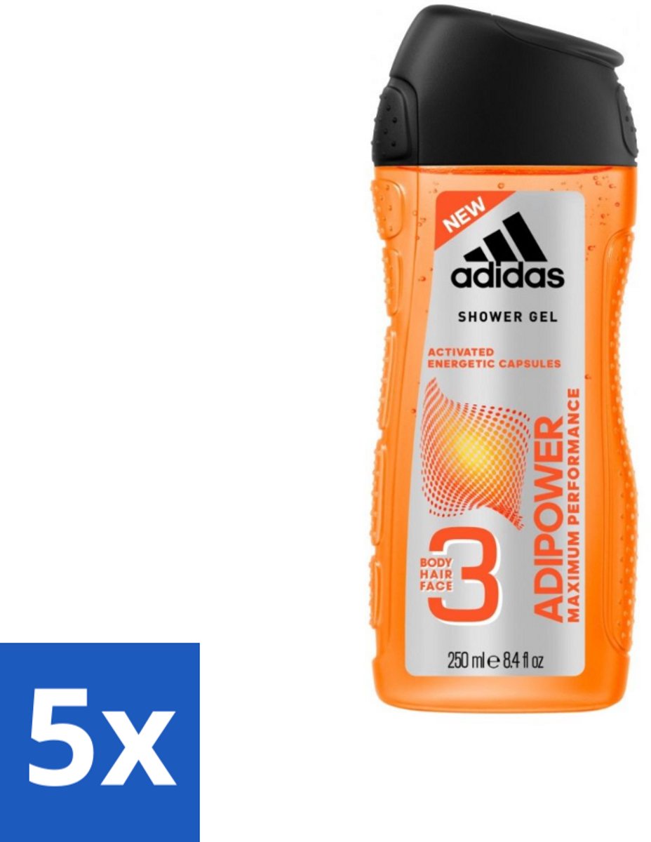 5 x Adidas - 3-in-1 Douchegel - Adipower Maximum Performance -250 ml - Douchegel - Douche En Shampoo - Sportverzorging - Energie En Frisheid - Verzorgende Douche