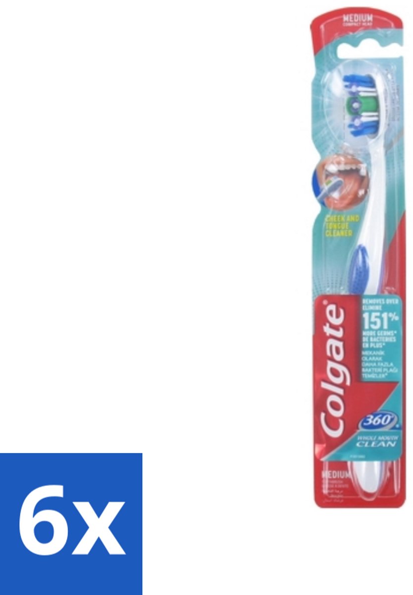 Colgate - Tandenborstel - 360 Whole Mouth Clean Medium - Wit/Blauw - 1 Tandenborstel - Voordeelverpakking - 6 stuks