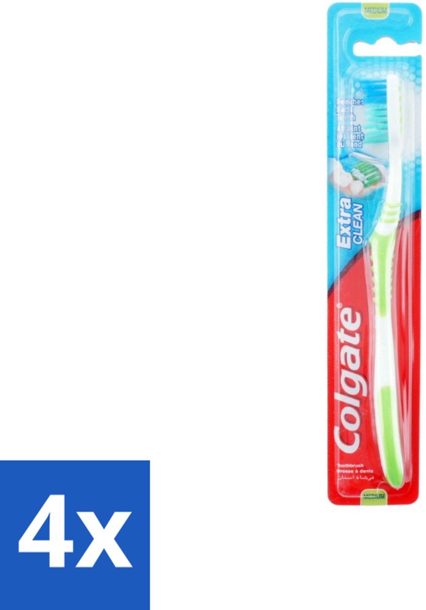 4 x Colgate - Tandenborstel - Extra Clean Medium - 1 Tandenborstel - Tandenborstel - Tandenpoetsen - Tandenborstel Medium - Tandenborstel Gebogen Kop - Tandenborstel Anti-slip