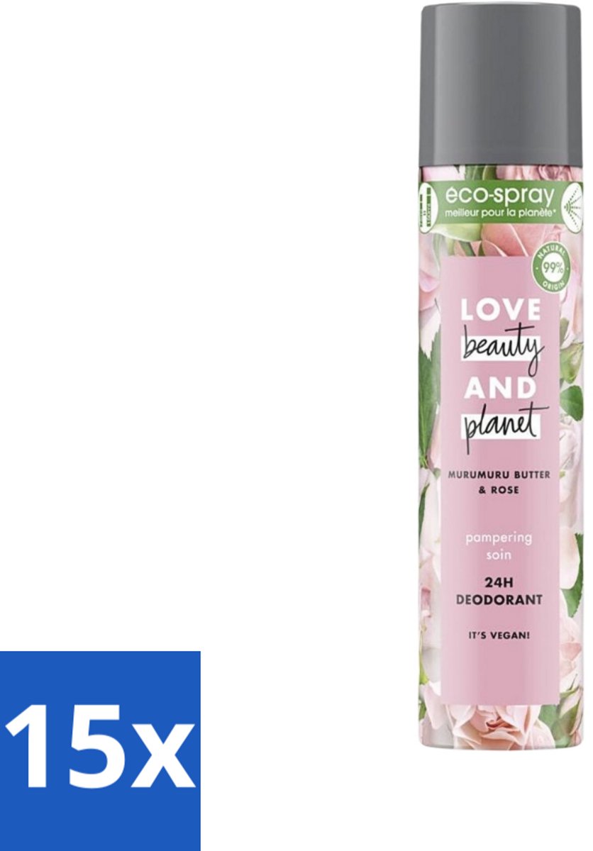 15 x Love Beauty and Planet - Deospray - Murumuru Butter & Rose - 75 ml - Deospray - Murumuru Butter - Roze Geur - Vegan Deodorant - Natuurlijke Deodorant