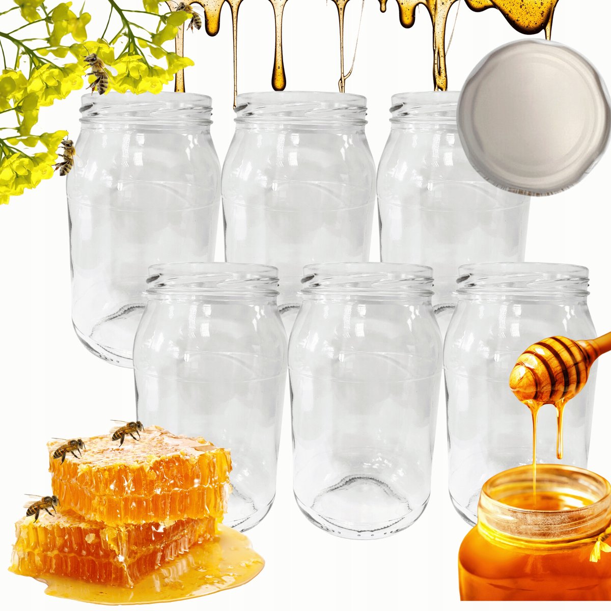 Glazen Potten 900ml voor Honing, Augurken, Salades - 6 Stuks, 82mm