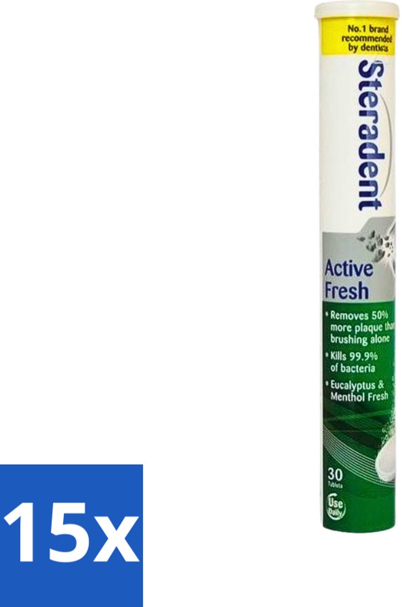 15 x Steradent - Reinigingstabletten - Active Fresh - Voor Kunstgebitten - 30 Tabletten - Kunstgebit Reinigen - Kunstgebit Reinigingstabletten - Kunstgebit Hygiëne - Kunstgebit Reinigen 3 Minuten - Frisse Adem