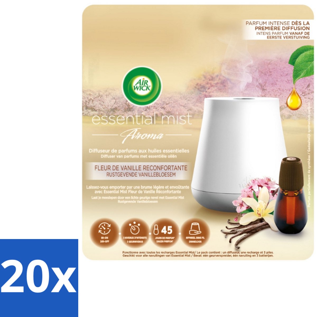 Air Wick Essential Mist - Elektrische Geurverspreider - Starterkit - Rustgevende Vanillebloesem - 20ml - Bulkverpakking - 20 stuks