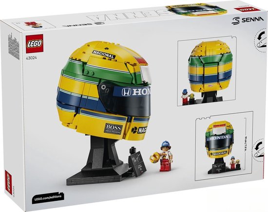 LEGO box met model van Ayrton Senna's helm, geel met groene en blauwe strepen, "HONDA", "NACIONAL" en "BOSS" logo's.