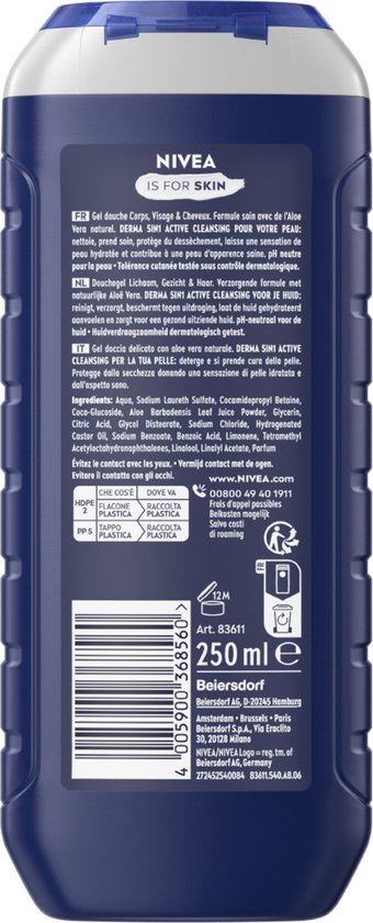Achterkant van een Nivea Men Hydro Care douchegel fles, met ingrediënten en barcode.