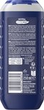 Achterkant van een Nivea Men Hydro Care douchegel fles, met ingrediënten en barcode.