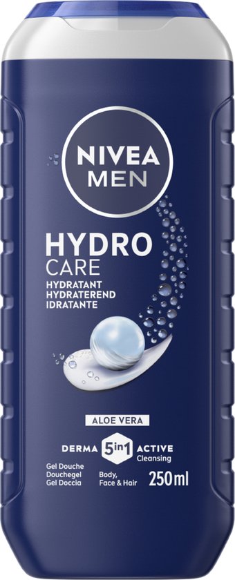 Donkerblauwe Nivea Men Hydro Care douchegel fles met witte dop en druppelafbeelding.