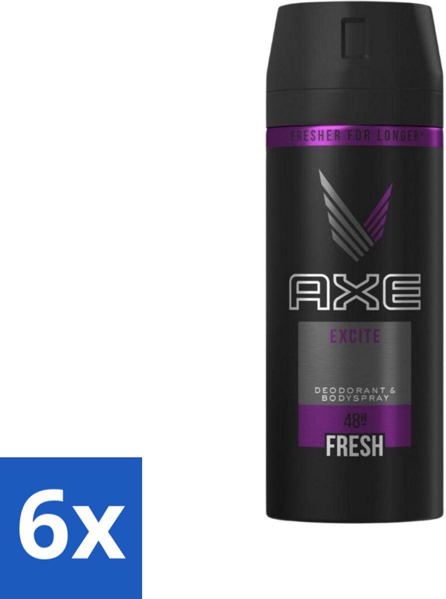 6 x Axe - Deodorant Bodyspray - 48hrs Fresh - Excite - 150 ml - Axe Deodorant - Deodorant Spray - 48 Uur Fris - Kokosnoot Geur - Zwarte Peper Geur