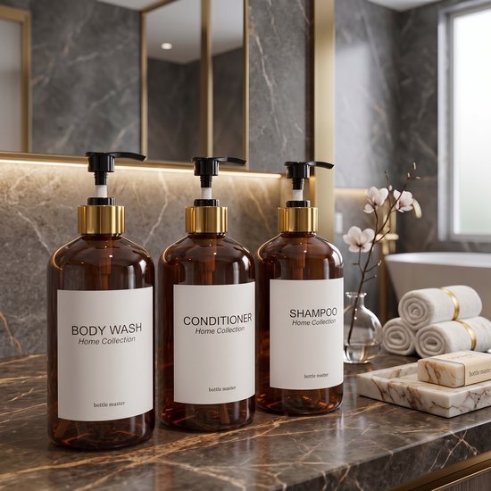 Drie amberkleurige pompflessen met gouden accenten, labels voor Body Wash, Conditioner en Shampoo, op een donker marmeren aanrecht.