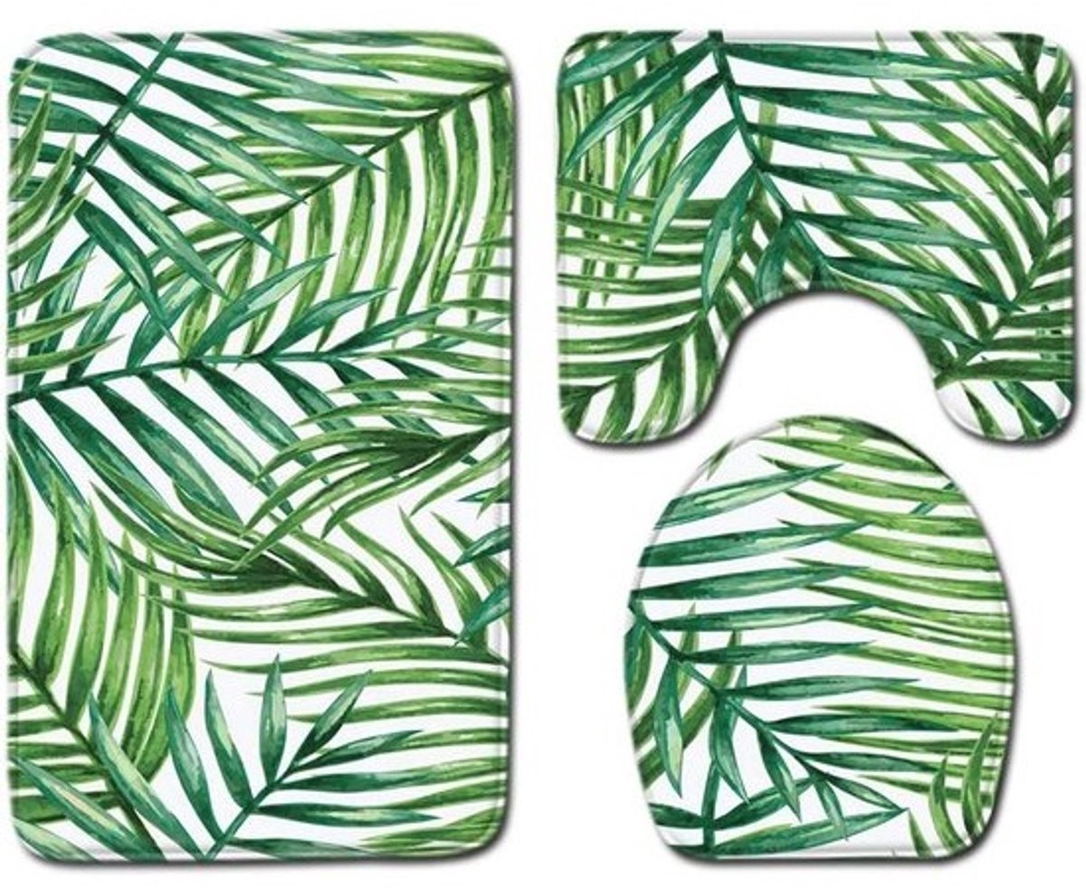 Badkamer tapijt set - Antislip badmat met toiletdeksel en voetrugmat - Groene bladeren design