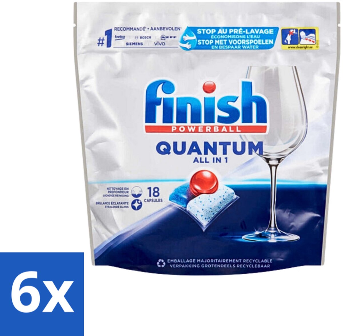 6 x Finish Powerball - Quantum All in 1 - Vaatwastabletten - Stralende Glans - 18 Tabletten - Vaatwastabletten - Vaatwasser - Diepe Reiniging - Glans - All In One