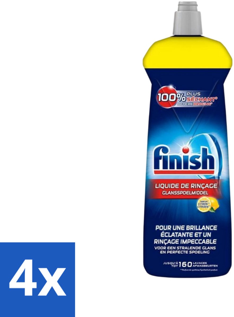 4 x Finish - Glansspoelmiddel - Citroen - Stralende glans - Tot 160 Afwasbeurten - 800 ml - Glansmiddel - Vaatwasser - Citroen - Glanzende Vaat - Snel Drogen