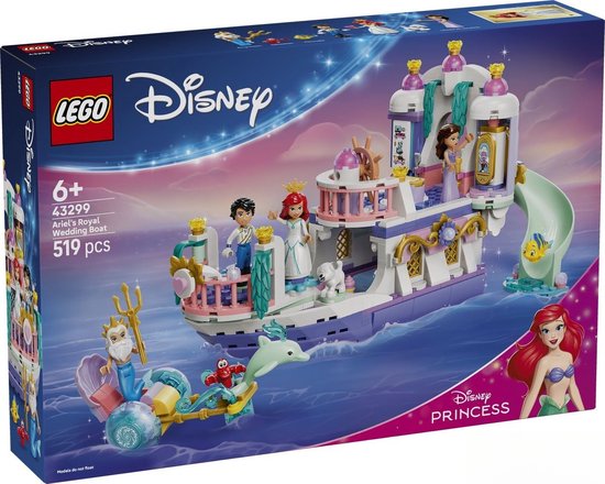 LEGO Disney Princess, Ariëls Koninklijke Trouwboot speelgoedboot met poppetjes, paars, wit en roze, 519 onderdelen.