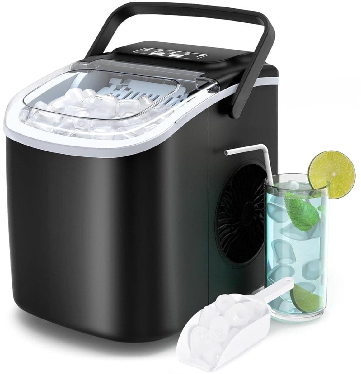Klarven® IJsblokjesmachine Zwart - Ijsblokjes en Crushed Ice in 6 Minuten - Zelfreinigend, Compact met Draaggreep - B 24 x D 31 x H 32 cm