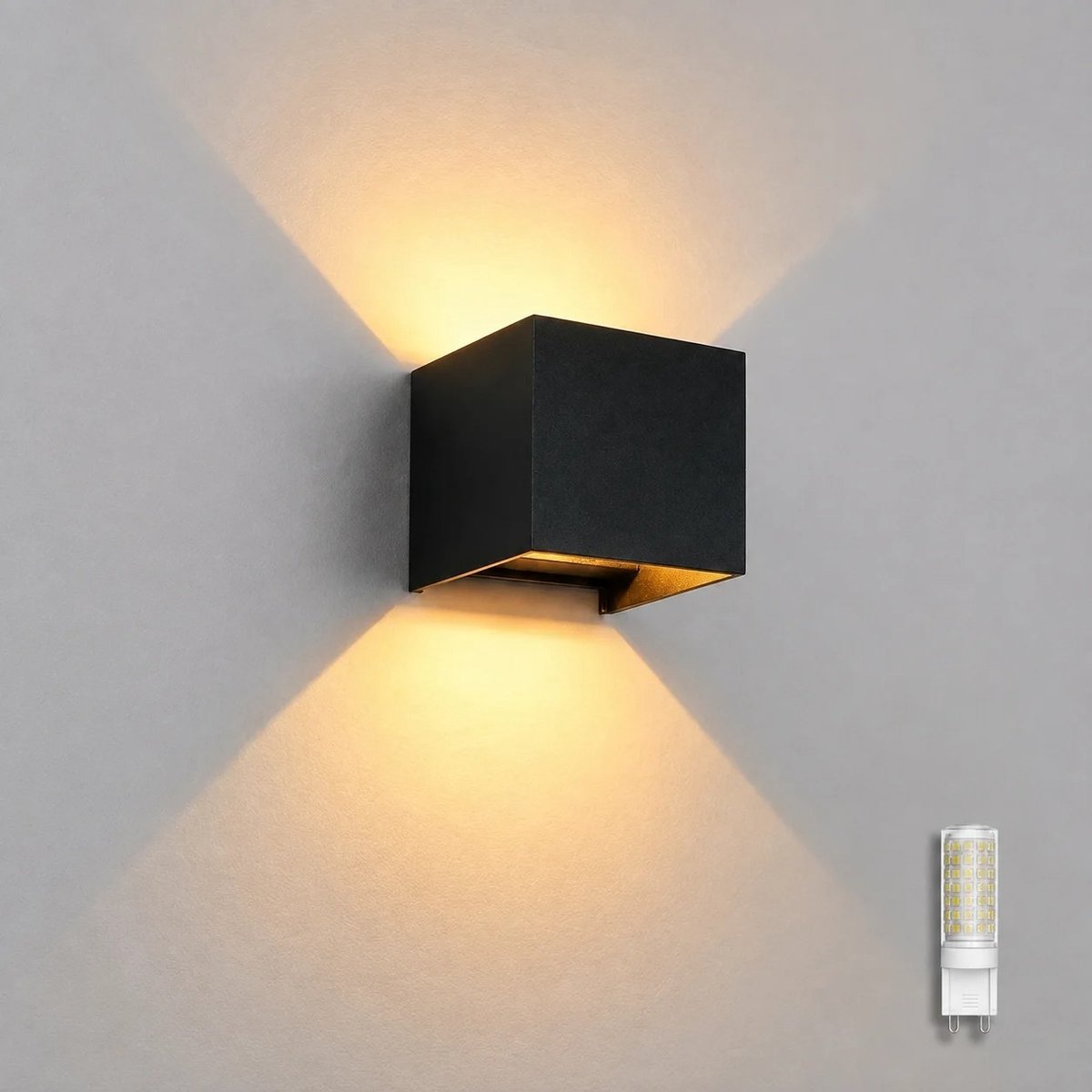 Luminize Wandlamp binnen en buiten - Kubus wandlamp - Buitenlamp - Up en down light - Dimbaar - G9 fitting met LED - 2700K - IP54 - Zwart