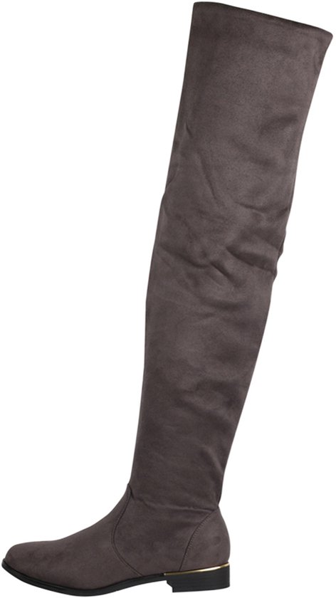 Donkergrijze suède overknee laars met goudkleurige hielrand, zijaanzicht zonder ritssluiting.