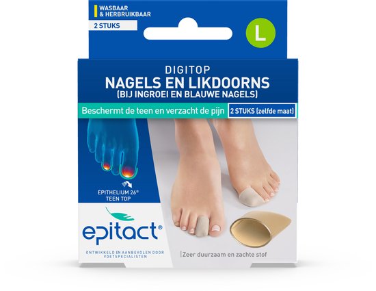 Verpakking met 2 Epitact Digitops voor nagels en likdoorns, maat L. Een afbeelding van tenen met een likdoornbeschermer.