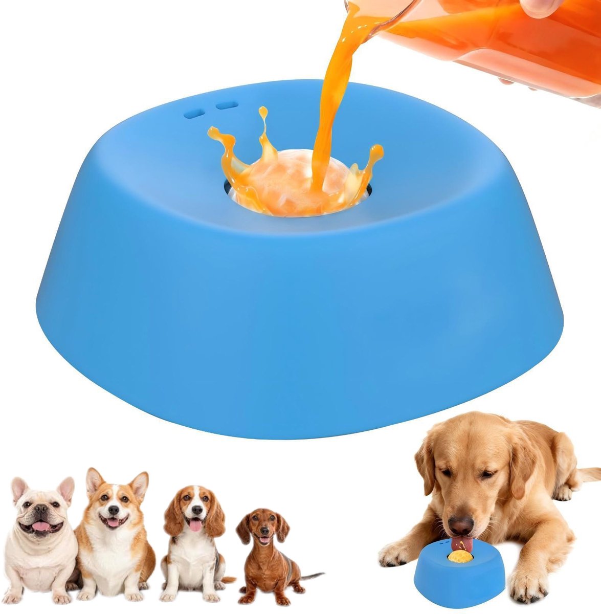 Antislip Honden Lick Kom met Rolbal - Langzame Voeder Kom - Verrijkings Puzzel Voerbak voor Honden, Mors‑bestendig Voer en Drinkbak voor Vloeibare Voeding, Botbouillon, Yoghurt en Vloeibare Snacks - blauw