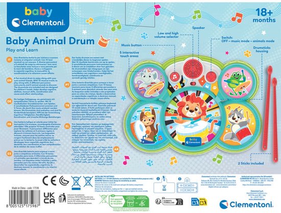 Clementoni Baby Drumstel Musicali - Kinder Trommel met Drumstokken en Muziek voor Kinderen - Drum Speelgoed Muziekinstrument voor Kids, Kind en Peuter van Clementoni — afbeelding 5