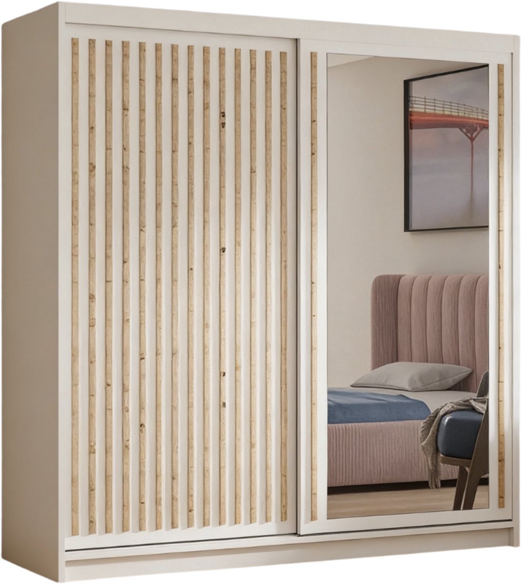 Kledingkast Dora met lamellen en spiegel 180 cm inclusief 2 schuifdeuren Hangkast (kleur: kasjmier, kasjmier, lamellen artisan)