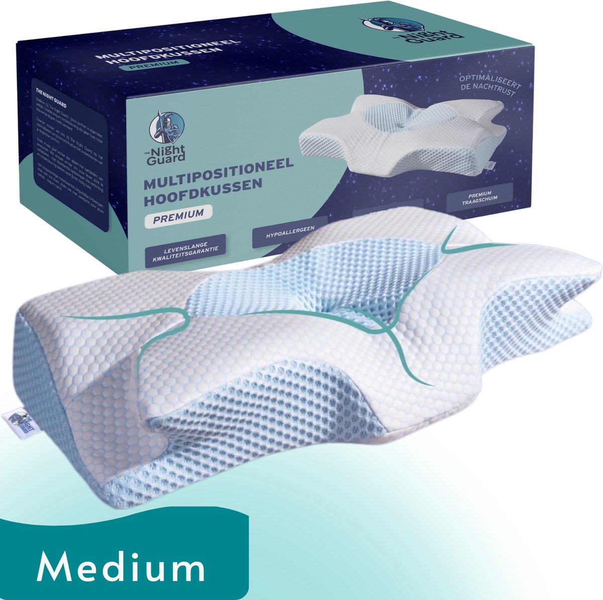 Hoofdkussen tegen nek- en schouderklachten – Ergonomisch traagschuim kussen – Voor buik-, zij- en rugslapers – Verkoelend Ice Silk – The Night Guard®