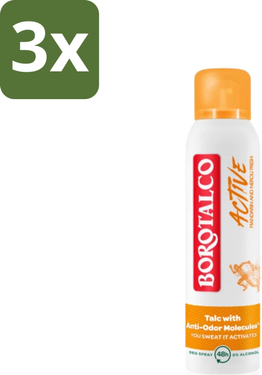 Borotalco - Deodorant Spray - Active - Mandarin & Neroli Fresh - 0% Alcohol - 150 ml - Bulkverpakking - 3 stuks