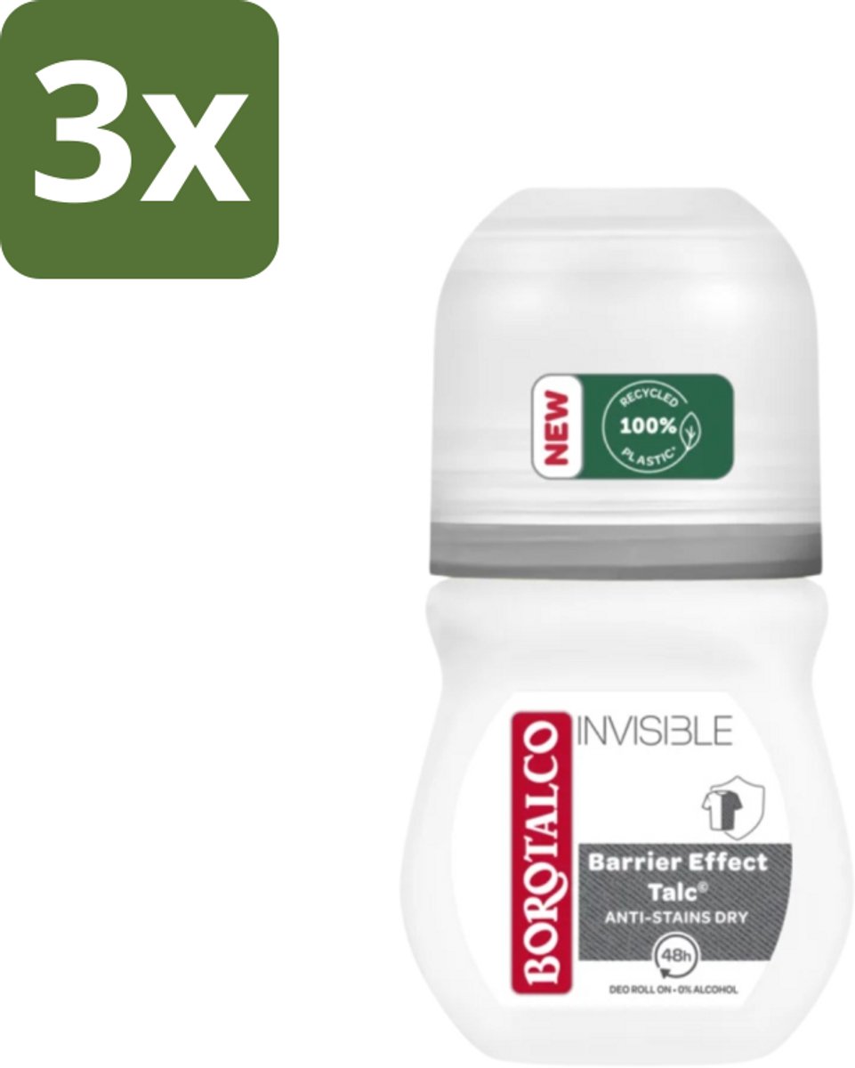 Borotalco - Deodorant Roller - Invisible - Barrier Effect Talc - 0% Alcohol - 50 ml - Bulkverpakking - 3 stuks
