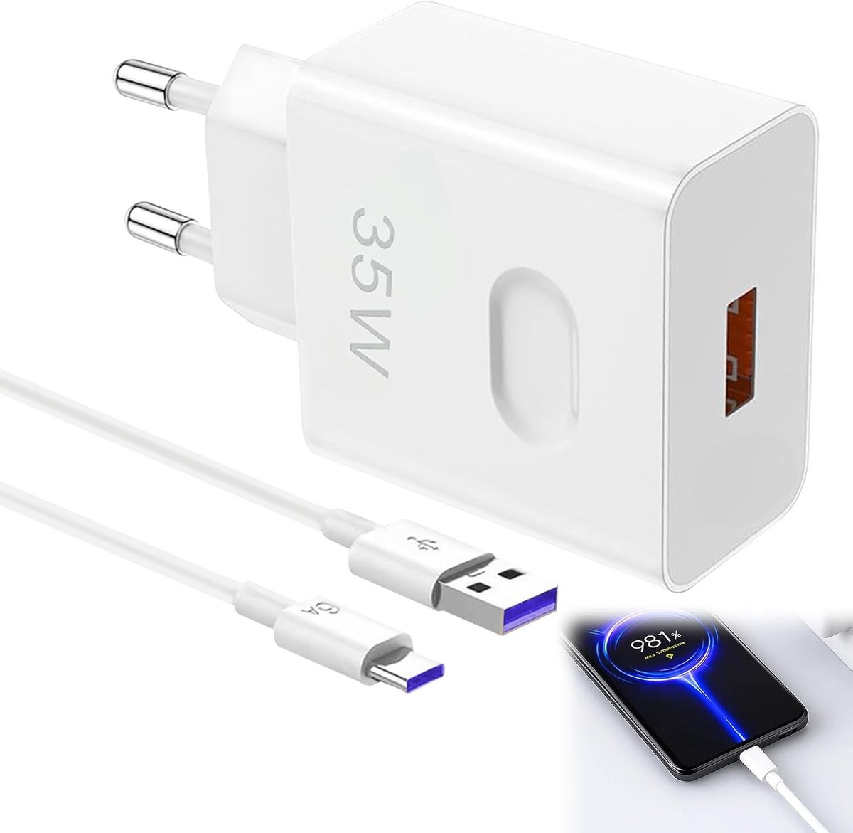 Krachtige 35W Snellader met 2 Meter USB-C Kabel voor Smartphones en Tablets, Compatibel met Diverse Modellen