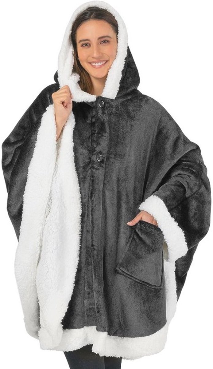 Dames Hoody Dekentje, Draagbare Plaid, Cozy Poncho, Bedsprei voor Volwassenen, Pluche Sherpa Fleece Cape, Sjaal, Grijs, Sherpa