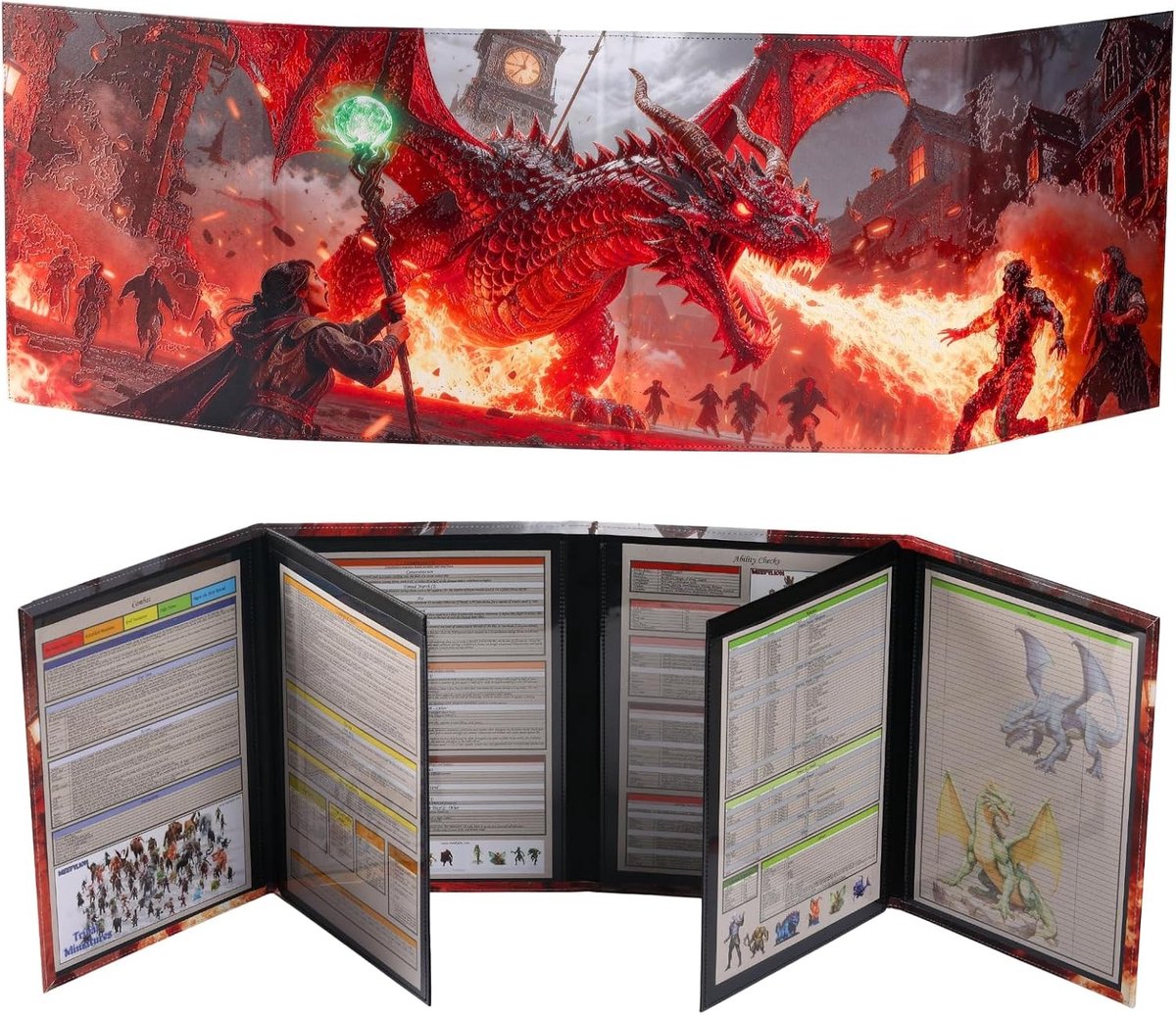 DM Scherm met Olieverf Relief Effect - 8 Panelen, 2 Swingende Natwegveeg Tassen en Cheat Sheet voor Dungeons & Dragons Spellen, Perfecte Accessoires voor Dungeon Masters en Rollenspellen