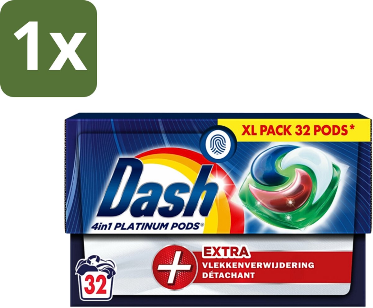 1 x Dash - 4in1 Pods +Extra Vlekkenverwijderaar - Wasmiddelcapsules - Intensieve Reiniging - 32 Wasbeurten - Wasmiddelcapsules - Intensieve Reiniging - Vlekkenverwijdering - 4 In 1 Wasmiddel - Extra Vlekverwijdering
